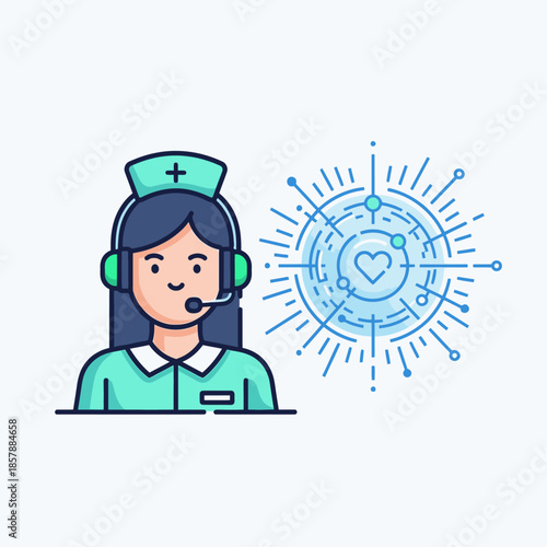 Nurse with headset and digital healthcare network icon, telemedicine concept