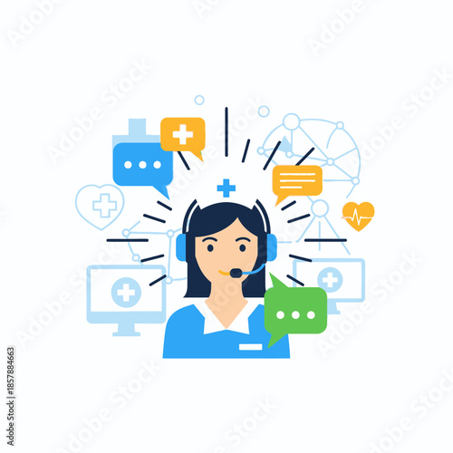 Healthcare support operator with medical icons and chat bubbles