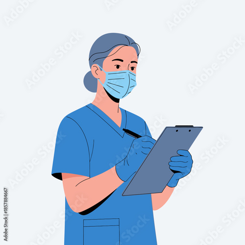 Nurse in blue scrubs and mask writing on clipboard, healthcare professional illustration