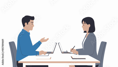 Two colleagues collaborating at a desk with laptops, discussing a project.