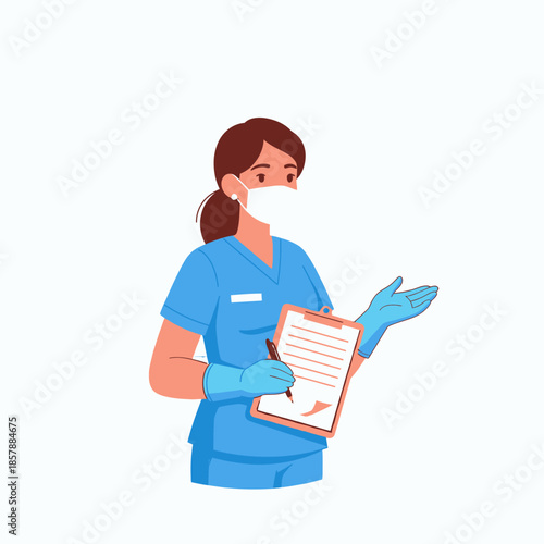 Nurse wearing mask and gloves, holding clipboard and pen, gesturing with hand