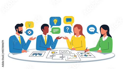 Diverse team brainstorming ideas around a table with charts and speech bubbles