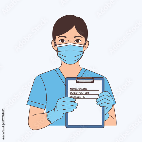 Doctor wearing mask and gloves holding medical record with diagnosis