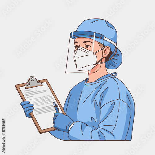 Doctor in protective gear holding a clipboard and pen, illustration