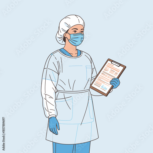 Medical Professional in Protective Gear Holding Clipboard, Doctor Nurse Illustration