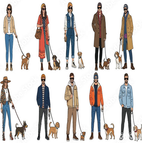 Stylish people walking their adorable dogs in fashionable autumn outfits