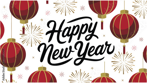 A cheerful and festive illustration wishing Happy New Year featuring bold colorful text