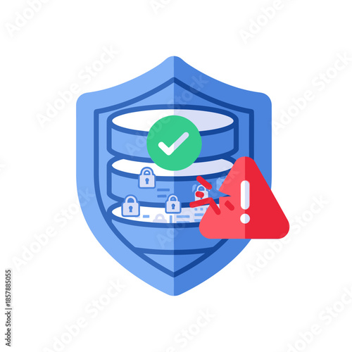 Database Security Breach Alert: Shielded Data with Warning Sign and Broken Lock
