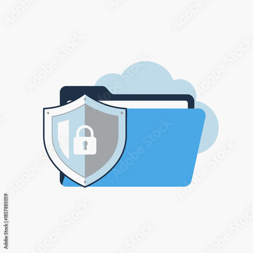 Cloud storage security shield with padlock icon and blue folder