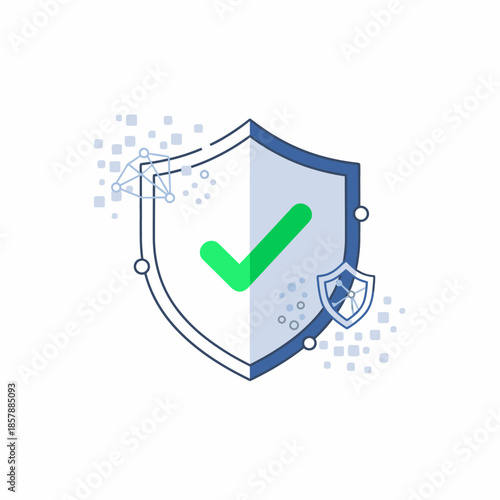 Digital Security Shield with Green Check Mark and Network Icon