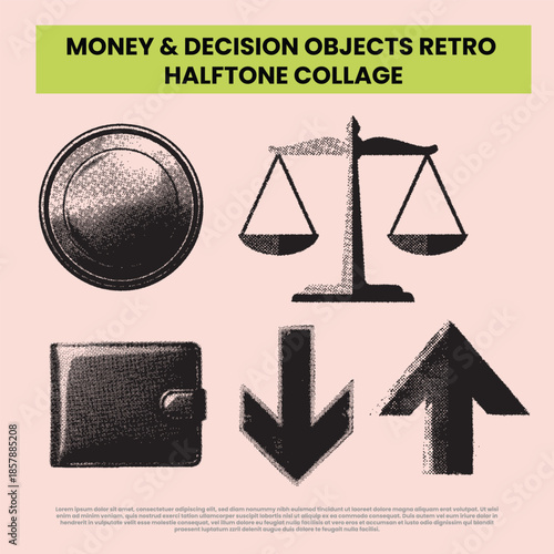 Money and Decision Objects Retro Halftone Collage Vector Set