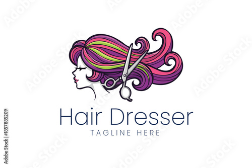 Woman profile with colorful hair and scissors for salon hair stylist and beauty branding Vector logo template