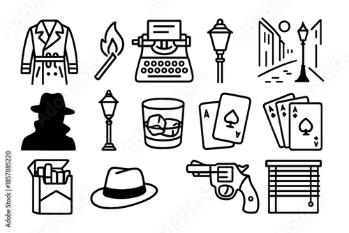 Noir Iconography. Line style icons of noir storytelling: trench coat, match flame, typewriter, foggy street; silhouette, lamppost,