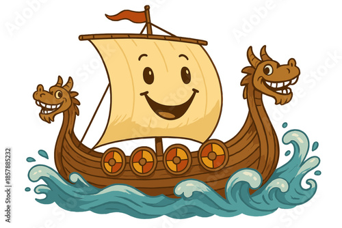 Grinning Viking Longship. Viking longship adventure with smiling sails, dragons on the prow grinning, and waves clapping along No