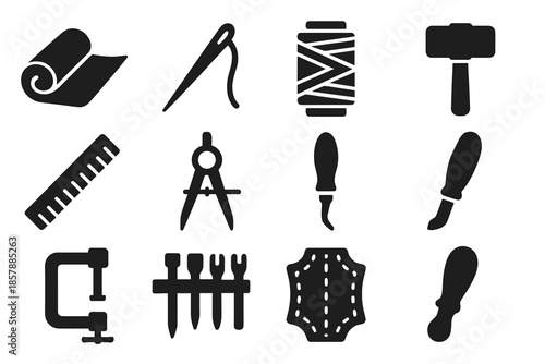 Traditional Crafting Tools. Solid style icons of Traditional Crafting: Leather Roll, Needle, Waxed Thread, Wooden Mallet, Ruler,