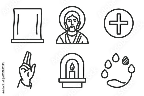 Iconography Line Style Icons. Line style icons of Iconography: painted wooden panel, frontal saint portrait, cross in circle,