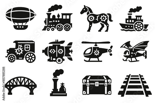 Steampunk Travel Icons. Solid style icons of Steampunk travel: dirigible, steam locomotive, mechanical horse, paddle steamer,