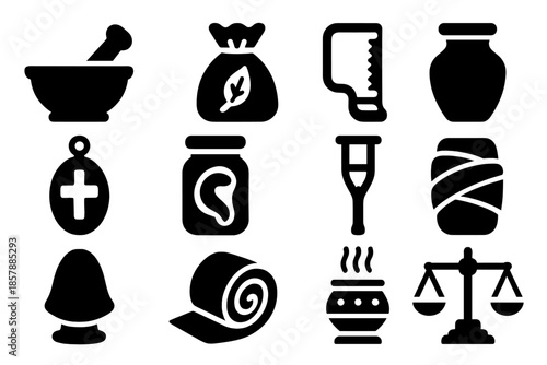 Early Medicine Icons. Solid style icons of Early Medicine: mortar and pestle, herbal pouch, bone saw, clay jar, healing amulet,
