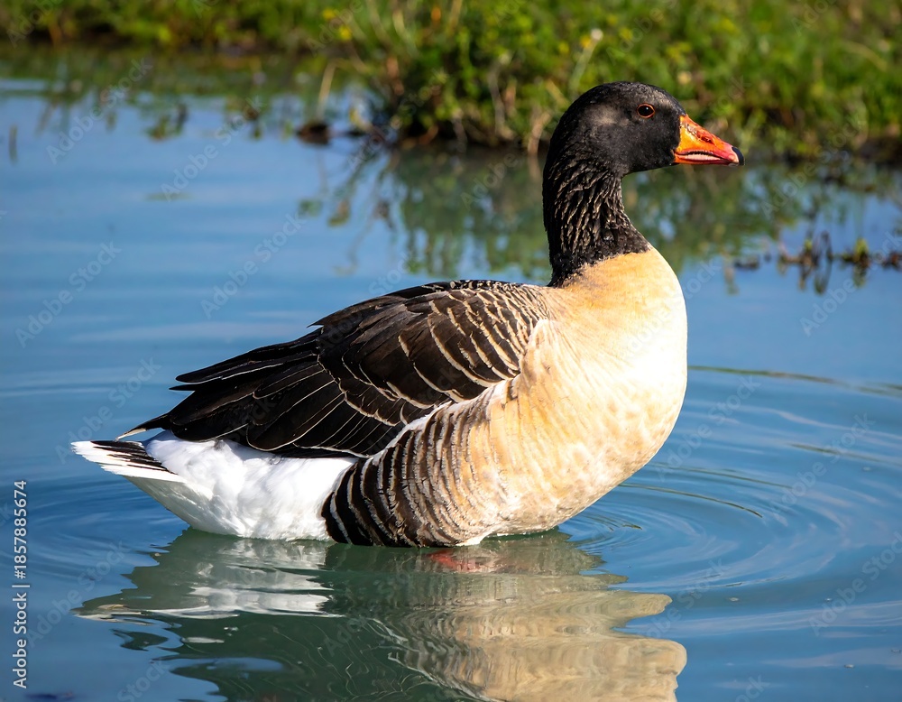 Fototapeta premium A goose floats on a tranquil lake