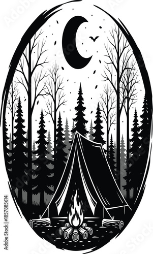 A serene camping scene with a crescent moon and silhouetted forest