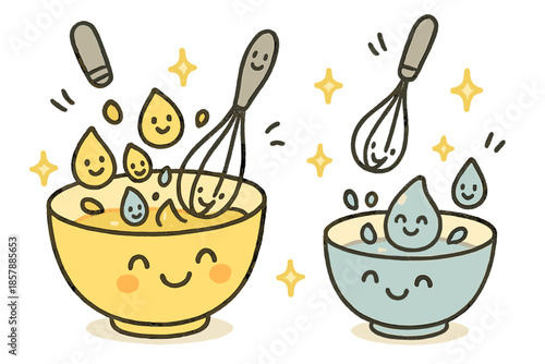 Playful Emulsion Experiment. Cute doodle emulsion experiment with cheerful mixing bowls, smiling droplets of oil and water,