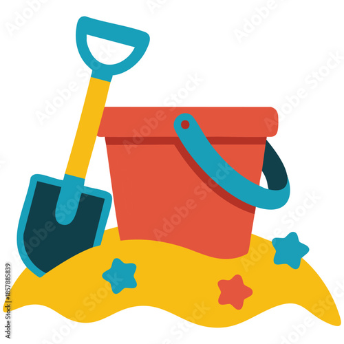 beach scene color silhouette with bucket sand and shovel vector illustration isolated on white background