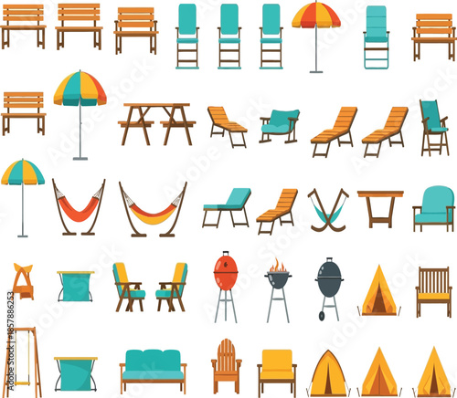 Colorful collection of outdoor furniture beach items and camping equipment icons