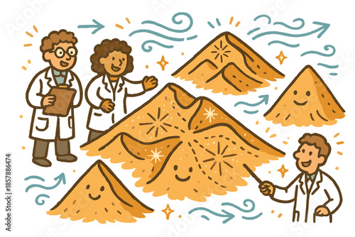 Whimsical Dune Workshop. Whimsical doodle dune formation workshop with happy scientists, cartoon dunes with faces, cheerful arrows