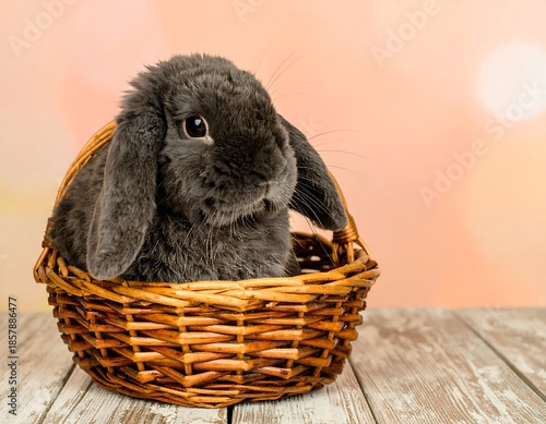 A gray rabbit in a basket