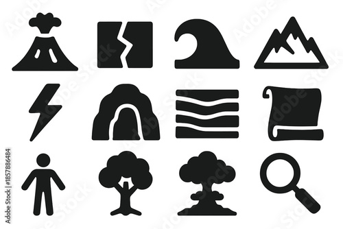 Geomythology Icons Collection. Solid style icons of geomythology and geological events: volcano, earthquake fault, tsunami wave,
