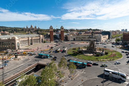 Photography Panoramic view of Placa de Espanya in Barcelona with Venetian Towers and Palau N