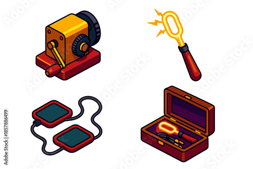 Victorian Electrotherapy Devices. Isometric vector illustration set Victorian Electrotherapy Devices: Brass-cranked generator,