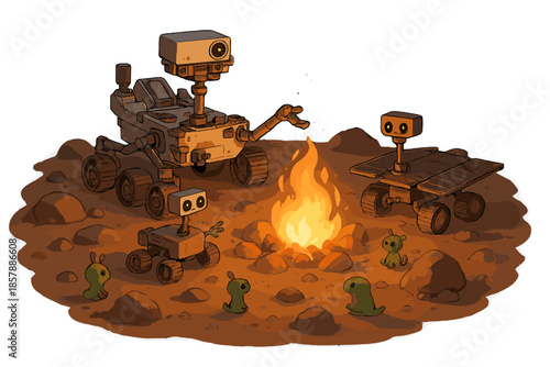 Robots' Mars Campfire. Rover campfire scene on Mars with robots telling stories, rocks glowing, and tiny alien critters listening