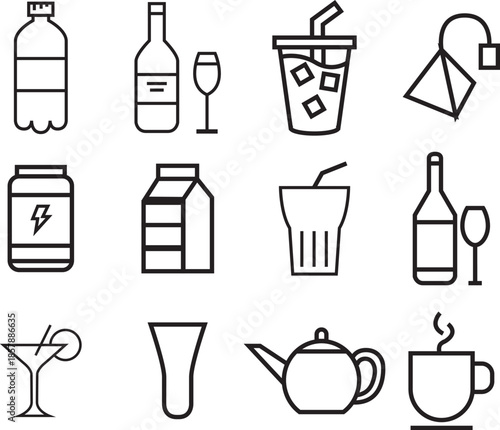 food and drink icon set. linear line art of bottle, tea bag, food bag and many
