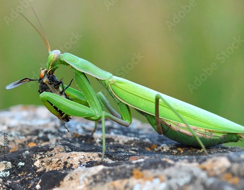 A green mantis devouring an insect on a rock