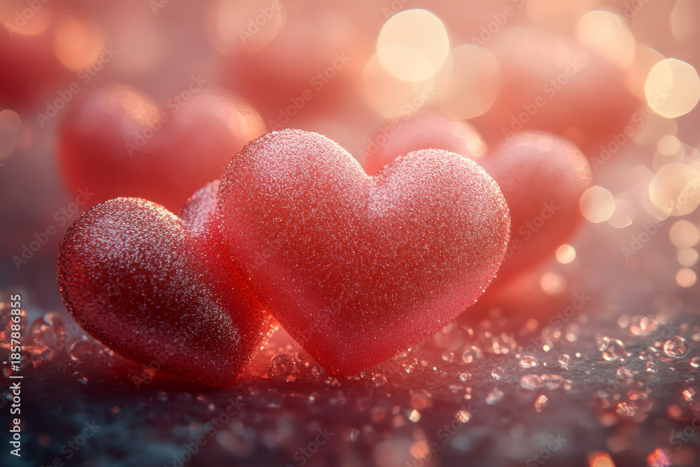 Fototapeta premium Background with sparkling red hearts and golden bokeh lights, Valentine's Day greeting card design.