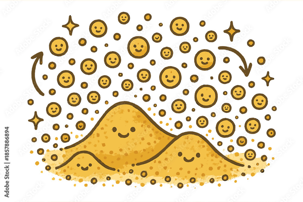 Naklejka premium Happy Sand Dance. Friendly doodle sand particle close-up with happy grains, cartoon arrows indicating motion, cheerful micro-dunes