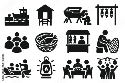 Fishing Community Icons. Solid style icons of fishing community life: harbor dock, fishing hut, boat repair, drying fish rack,