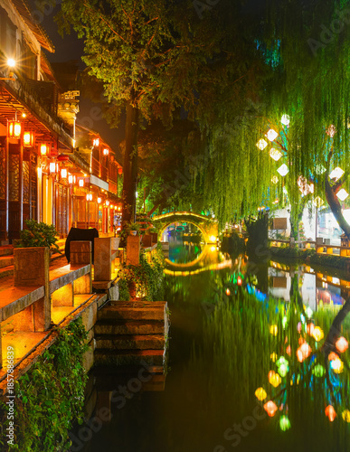 Photography View of the famous water town called Zhouzhuang at night near Suzhou and Shanghai in China