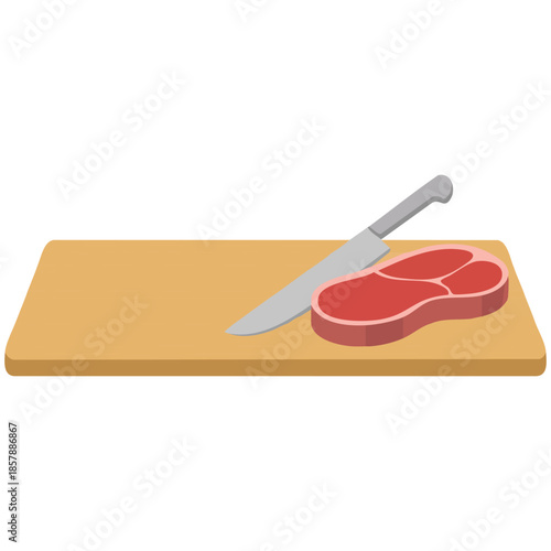 Fresh raw beef meat and butcher knife on cutting board isolated on white