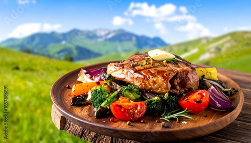 A grilled steak with roasted vegetables is placed on a wooden plate, set outdoors with mountain scenery