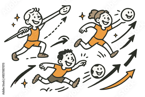 Joyful Projectile Velocity. Cheerful doodle maximizing projectile velocity with happy athletes, cartoon arrows showing speed,