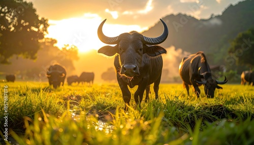 A group of majestic animals grazes in a vibrant meadow at sunset, bathed in golden light. Mountains and mist fill the background