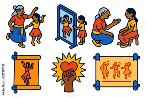 Intergenerational Dance Teaching. Isometric vector illustration set Intergenerational Transmission: elder dancer teaching, child