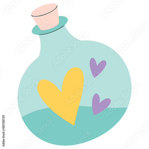Bottle with doodle hearts hand drawn flat color vector illustration template