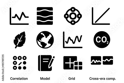 Climate Data Icons. Solid style icons of climate reconstruction: timeline graph, layered archive, isotope ratio wheel, calibration