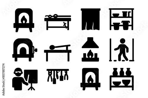 Glassmaking Studio Elements. Solid style icons of glassmaking studio: furnace room, bench with tools, protective curtain, storage