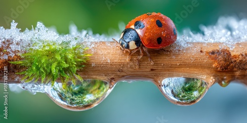 Ladybug perched on a twig with water droplets showcasing macro details