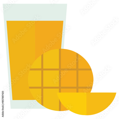 Ripe mango whole slice next glass yellow nectar juice tropical fruit