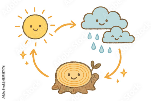 Cheerful Climate Diagram. Friendly doodle climate history diagram with happy tree rings, cartoon sun, clouds, and raindrops